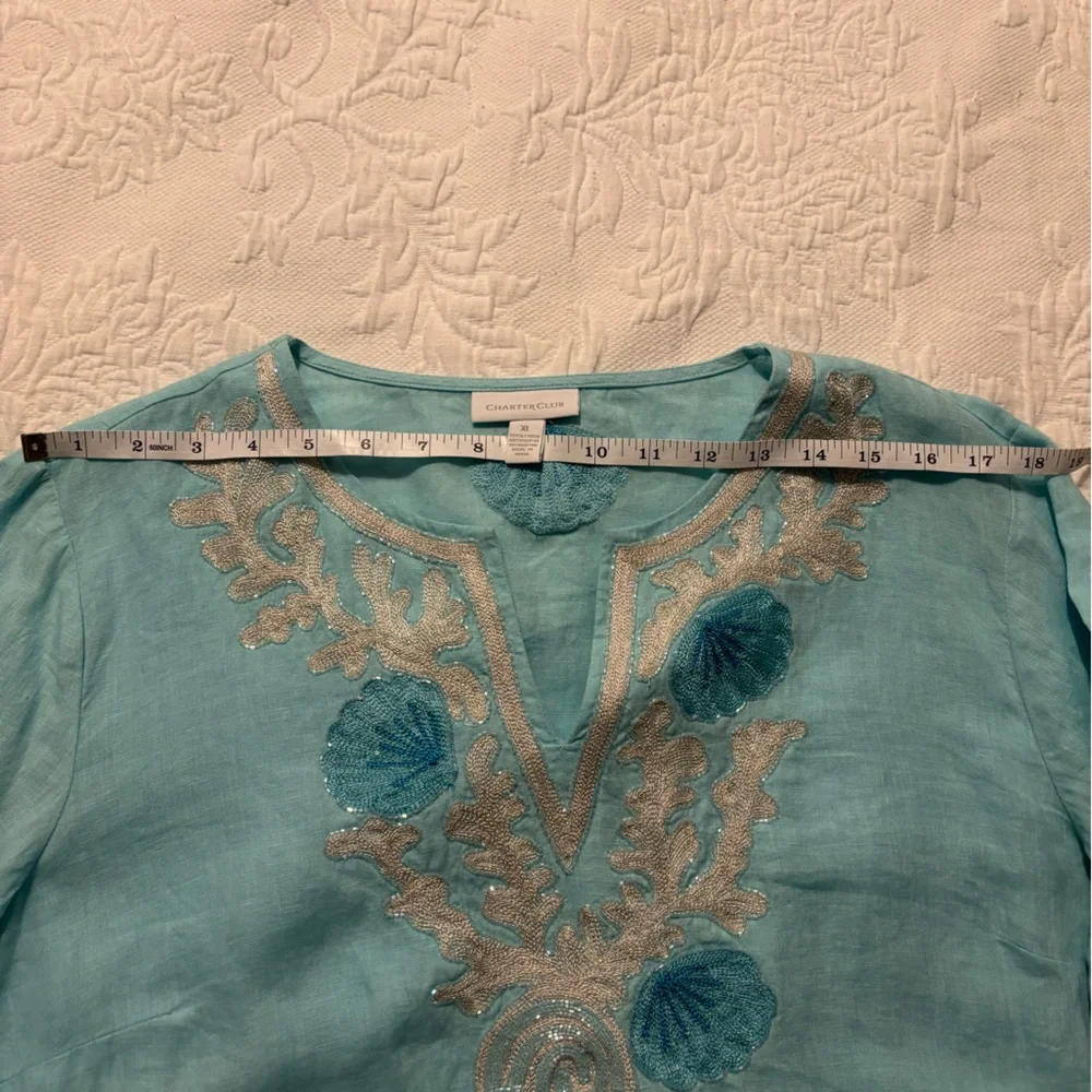 Aqua blue Charter Club 100% linen tunic with intricate nautical themed beads. - Picture 8 of 14